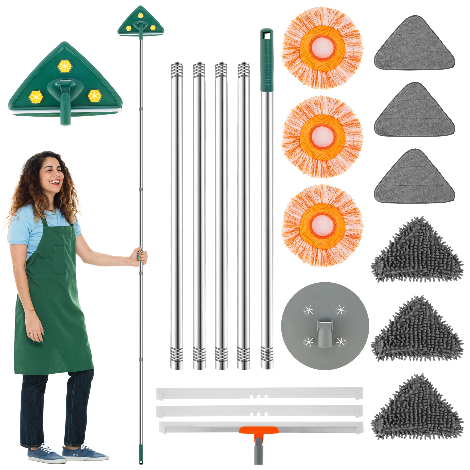 Mop detergente per pareti con manico lungo strumento per la pulizia delle pareti girevole con 9 cuscinetti per mocio sostituibili detergente per pareti staccabile con tergipavimento