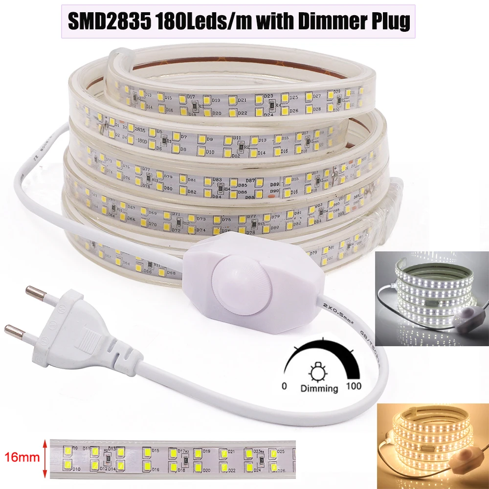 220V LED Strip Light SMD2835 Flexible LED Tape 120 180 276Leds/m Double Row Three Row Waterproof Ribbon Rope EU Plug for Decor