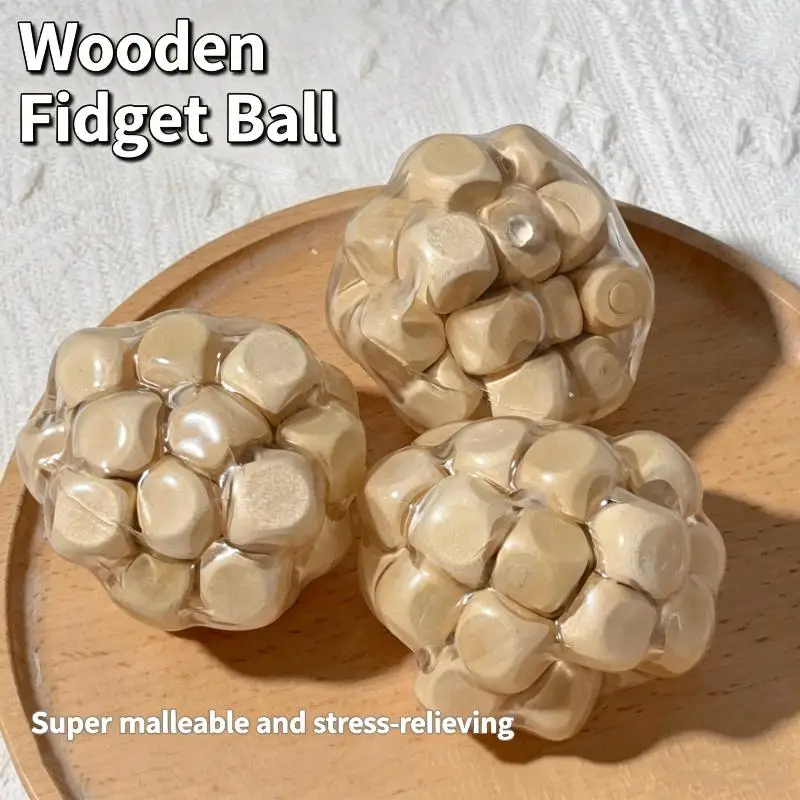 Handmade Wooden Noisy Ball Squishy Toy, Creative Stress Relief Fidget Squeeze Ball Decompression Toy For Anxiety Relaxation