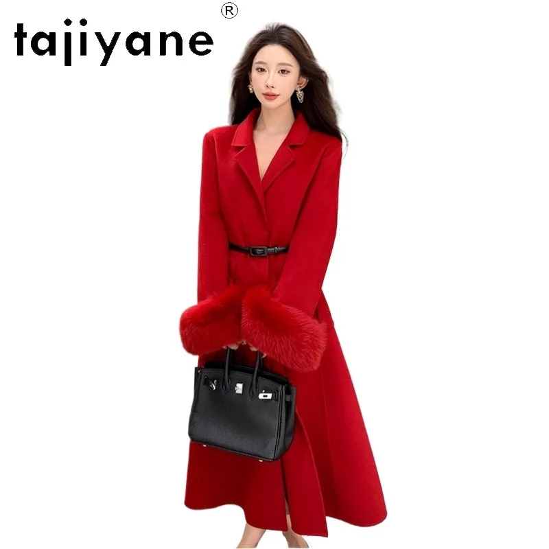 

TAJIYANE длинное пальто из 100% шерсти, женское длинное пальто с v-образным вырезом, съемные манжеты из лисьего меха, верхняя одежда, зимние пальто премиум-класса, женская одежда 20225, пальто