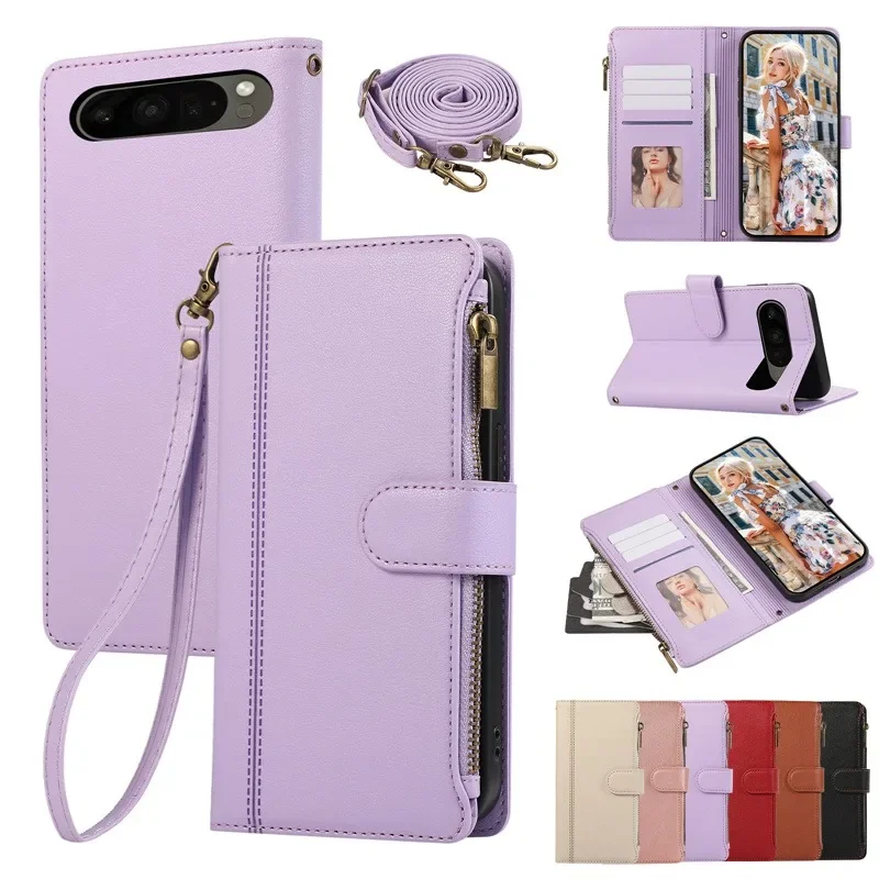 Wrist Strap Crossbody Wallet with Card Holder Phone Case for Google Pixel 9 8 7 6 Pro 8A 7A Protective Shockproof Leather Cover