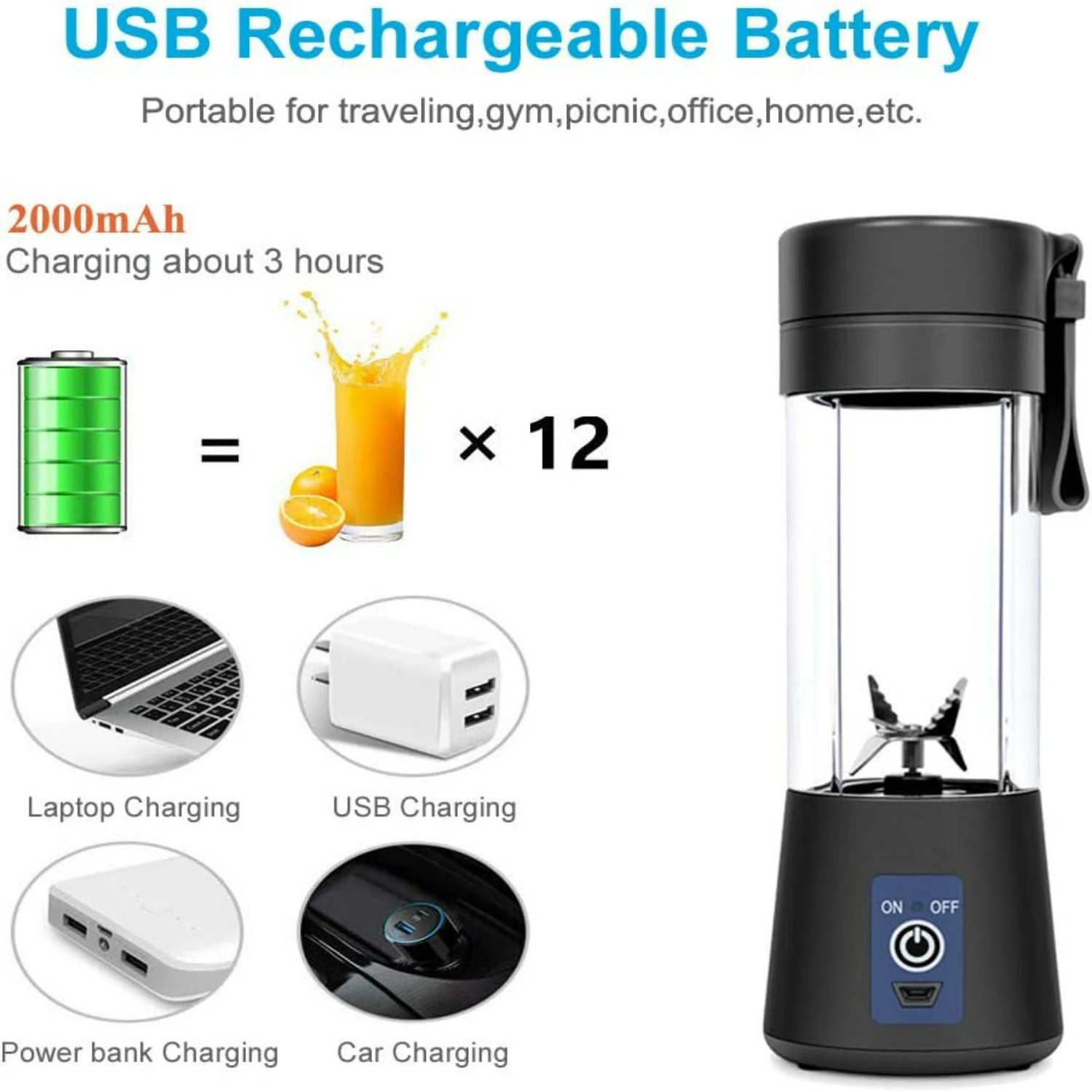 Licuadora portátil con taza exprimidora USB, baterías recargables de 2000 mAh, batidora de frutas de 13 oz para batidos, batidos, comida para bebés, mini viaje