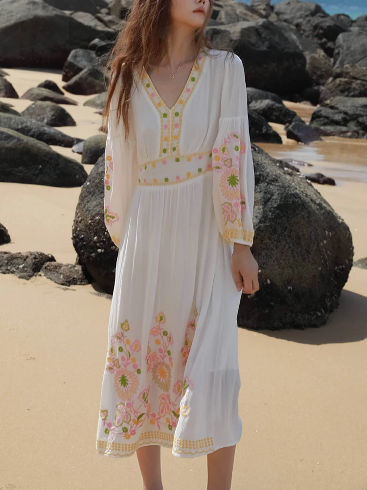 Gypsylady Floral Embroidery Boho Dress Cotton&linen V-neck Long Sleeve Vocation Beach White Women Dresses Ladies Vestidos New