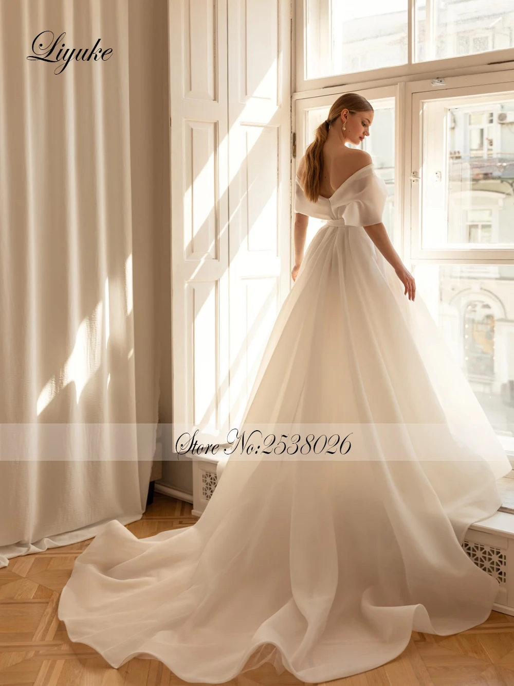 Liyuke Elegant Organza Off Shoulder Sleeves Wedding Dress With Bow Sashes Bride Gowns