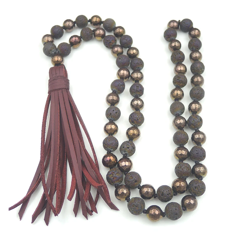 Leather Cord Tassels Claret Hematite Volcanic Round Beads Necklace Knotted 30inches 40inches