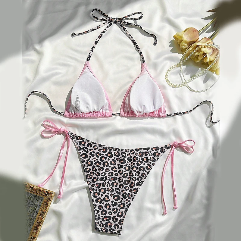 النمط الأوروبي والأمريكي بروتيل f الوردي ليوبارد طباعة بيكيني للشاطئ مجموعة قطعتين ملابس السباحة Y2k القوطية مثير حار فتاة نمط