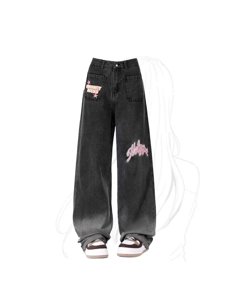 

Women Gothic Black Jeans Baggy Vintage Harajuku Wide Leg Denim Pants Fashion Y2k 90s Aesthetic Oversize Cowboy Trousers Clothes