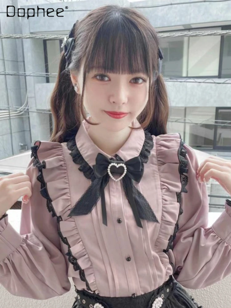 

Japanese Sweet Bow Tie Shirt Female 2023 Autumn New Cute Mine Mass-Produced Doll Collar Bow Heart-Shaped Lace Shirts for Women