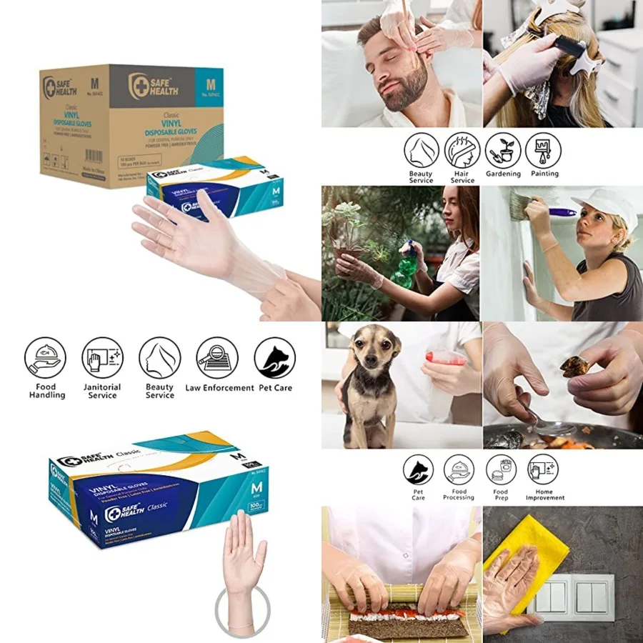 

Safe Health Vinyl Disposable Gloves, Food Grade, Latex Free, Powder Free, Clear, 3 Mil, Housework, Cleaning