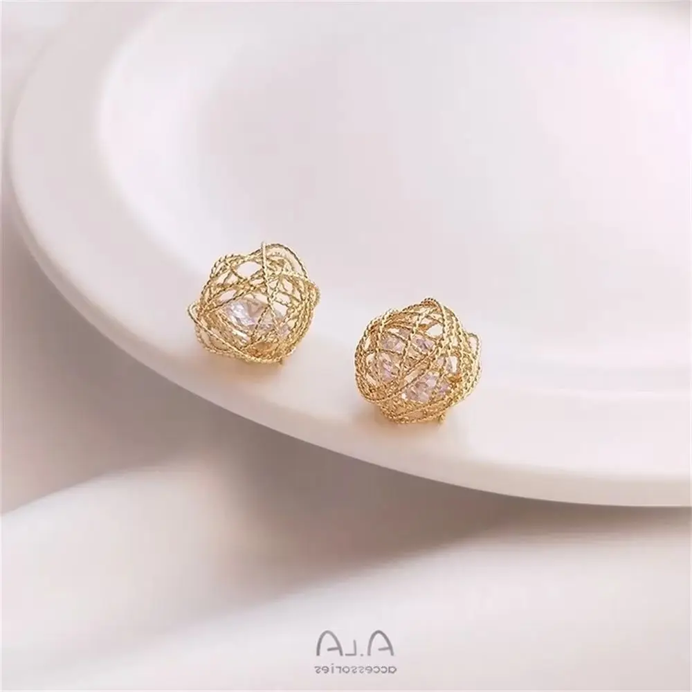 14K Gold Plated Flower Thread Wrapped with Zircon Separated Beads Ball Sparkling Zircon Hanging Ball DIY Bracelet Ear Accessory