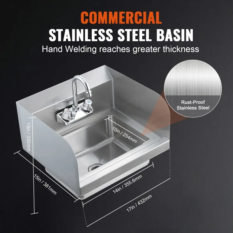 

【Premium】 Commercial Hand Sink with Faucet and Side Splash Stainless Steel Wall Mount Hand Basin for Restaurant Bar RV Bathroom
