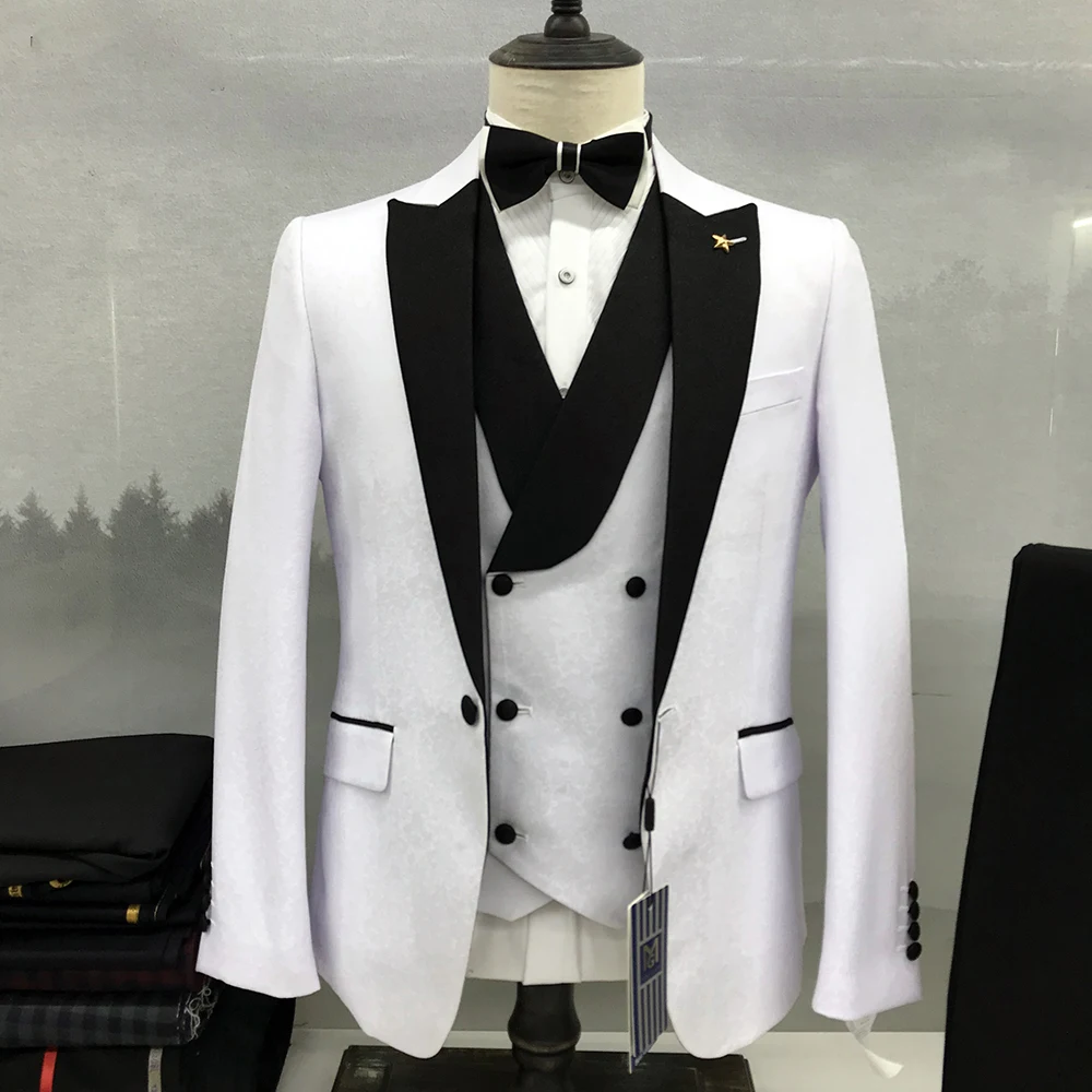 

2023 New Men's Set White Set Black Pointed Standing Neck Casual Loose Party Wedding Three Piece Set (Jacket+Pants+Vest)