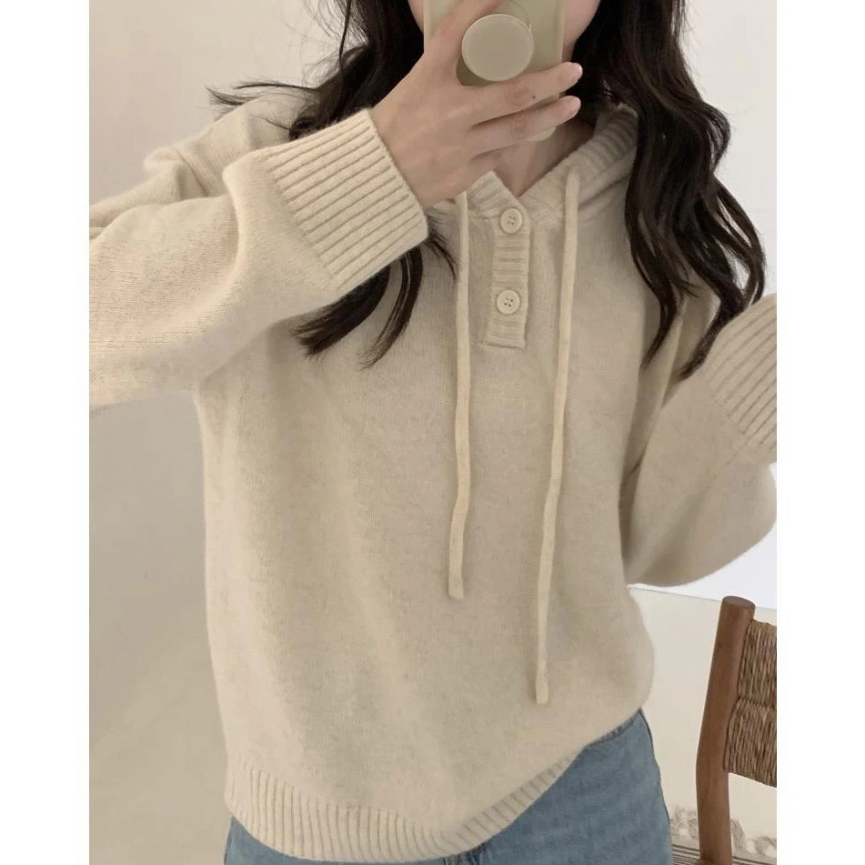 

Women's Button Hooded Pullover Sweater Simple Style Office Lady Knitted Sweater 2023 Autumn New Solid Color Loose Casual Sweater