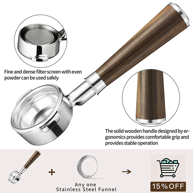 Portafilter ไร้ก้นขนาด 58 มม. ใช้ได้กับ Expobar, Rocket, Rancilio, Faema และ Wega พร้อมตะกร้ากรอง 1 ถ้วยรวมอยู่ด้วย