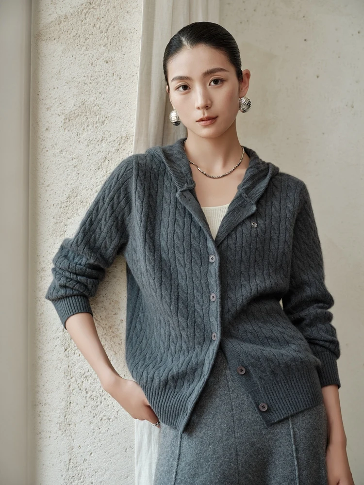 

Retro Autumn Winter 100% Cashmere Cardigan Sweater Women clothes Hooded Twist Flower Single Breasted Soild Knit Jackets High-end
