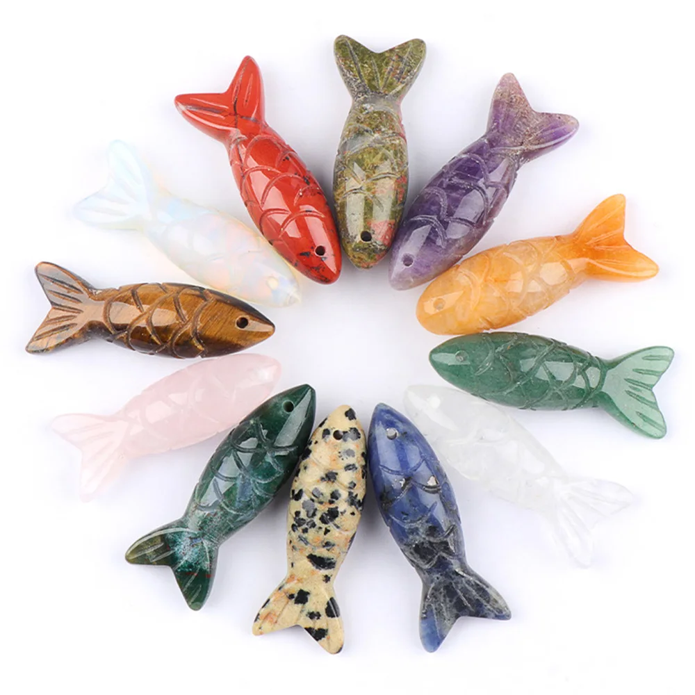 

Natural Stone Crystal Carved Fish Figurines Rose Quartz Amethyst Gemstone for DIY Hanging Ornament Home Decor Gifts