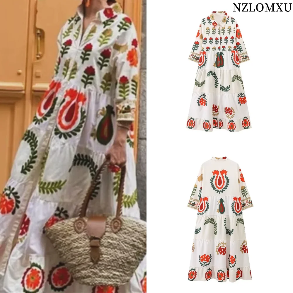 2024 autunno nuovo prodotto moda donna tempo libero posizionamento allentato stampato manica lunga stile vacanza vestito