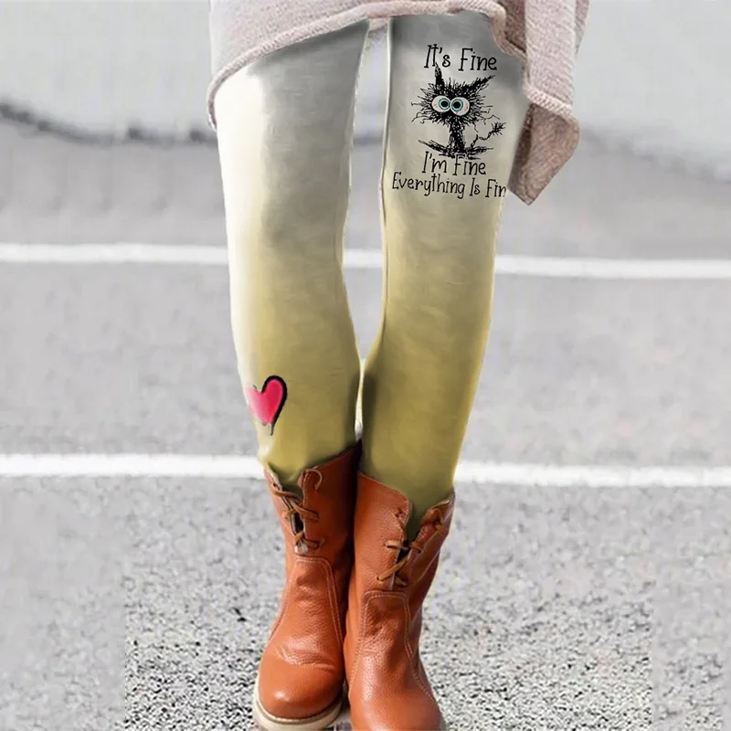 เลกกิ้งผู้หญิงลายการ์ตูนแมวสไตล์วินเทจ ทรงเข้ารูป เอวสูง สำหรับฤดูใบไม้ผลิและฤดูใบไม้ร่วง กางเกงขายาวสำหรับสุภาพสตรี