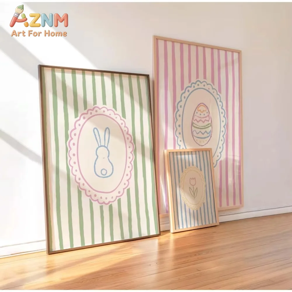 AZNM Easter Bunny Egg Tulip Canvas Wall Art Frameless Print, Pastel Striped Hand Drawn Poster, Cute Nursery Spring Home Decor Pi