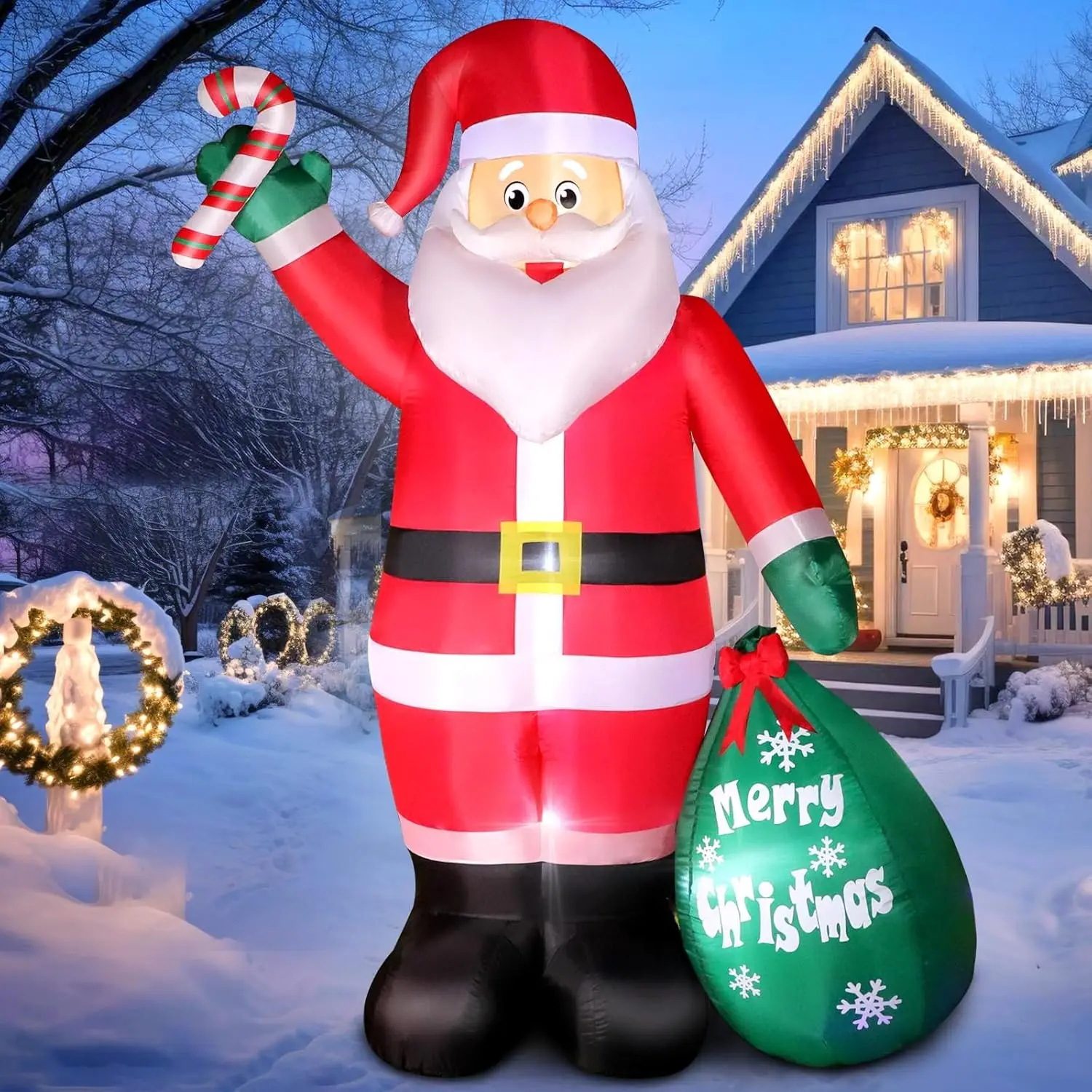 8 FT Christmas Inflatable Santa Claus with Candy and Big Gift Bag Outdoor Decor, Blow Up IP44 Weatherproof Xmas Decorations for