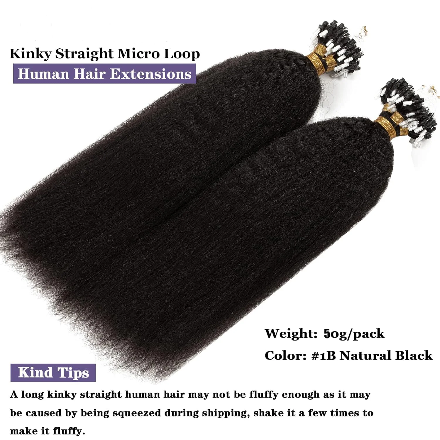 1g Micro Loop Hair Extensions Human Hair Microlink Micro Ring 100 Strands/Pack Black Kinky Straight Natural Hair