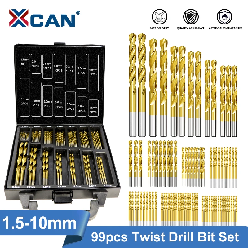 XCAN HSS P6M5 Twist Drill Bit Set 99 Pieces Diameter From 1.5mm to 10mm Titanium Coating Wood Metal Hole Drilling Cutter