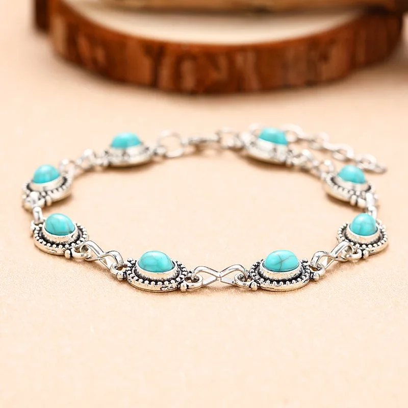 New Fashion Versatile Retro Ethnic Style Feet Chain Alloy Imitation Turquoise Feet Decoration Women\'s Festival Party Accessories