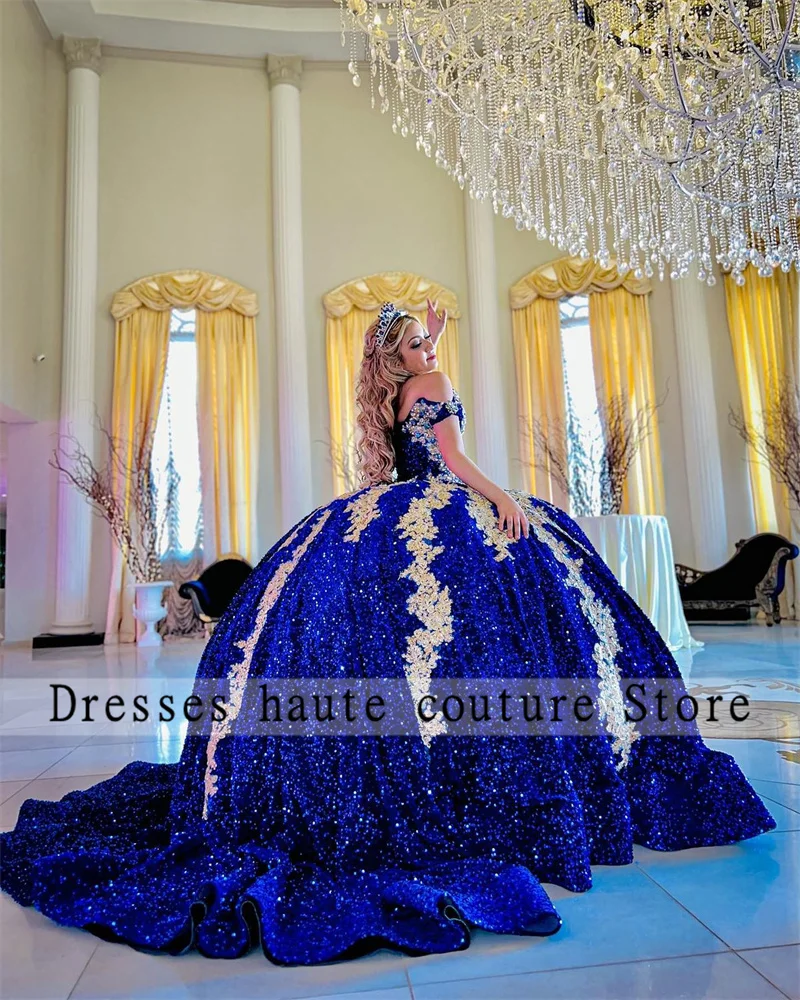 Gaun Quinceanera Beludru Biru Royal Meksiko Gaun Bola 2023 Applique Gaun Manis Bertali Bahu Terbuka 16 Gaun Vestidos De XV Anos