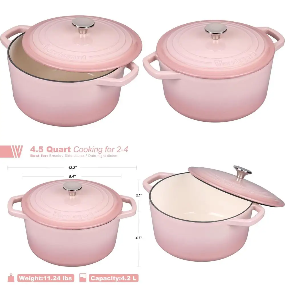 

Розовый эмалированный чугунный голландский горшок емкостью 4,5 литра с крышкой для выпечки хлеба, включая набор принадлежностей для выпечки на ударе