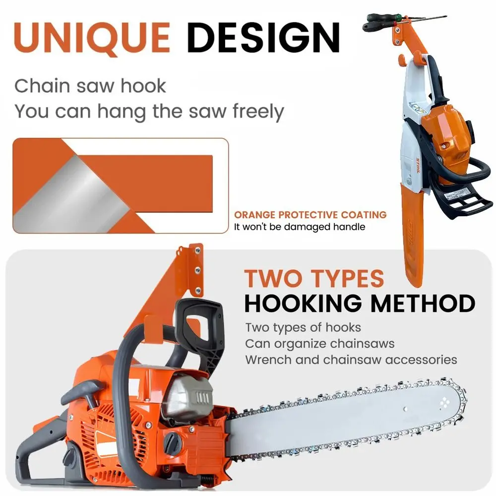 2PC Premium Universal Chainsaw Holder Metal Space-Saving Chainsaw Hanger Rust-Proof Anti-Slip Hooks Heavy Duty Wall Mount Garage
