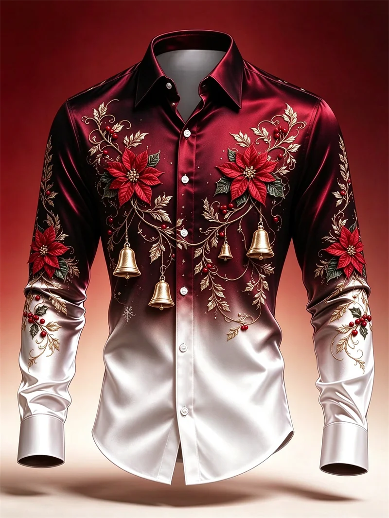 New men's shirt with copper brown white satin, red and black diagonal brush, gold snowflake cane candy print shirt