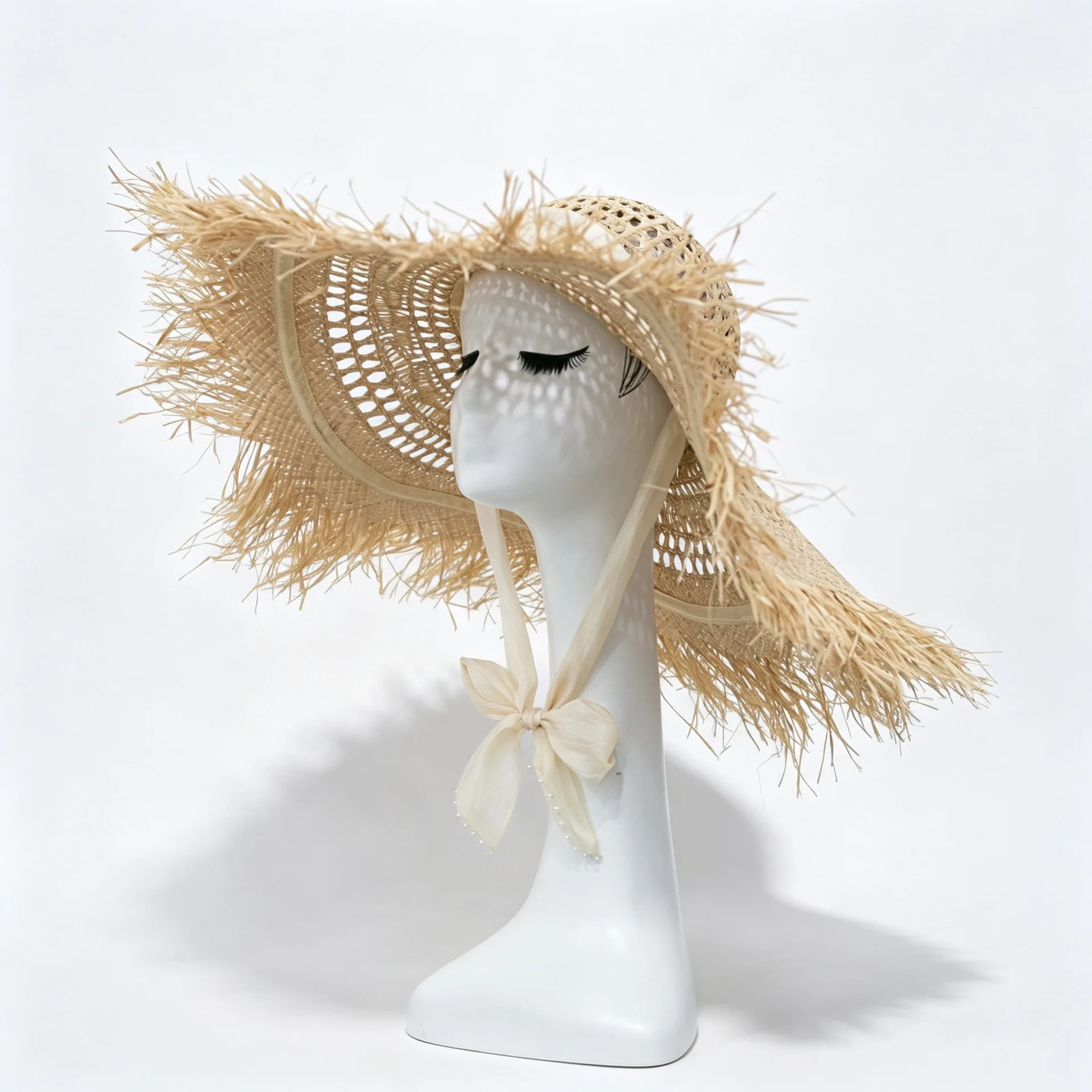 American 12CM Brim Sun Straw Hat for Women British Vintage Summer Lafite Grass Sunscreen Beach Tassel Laces Up Cap Chapeau Homme