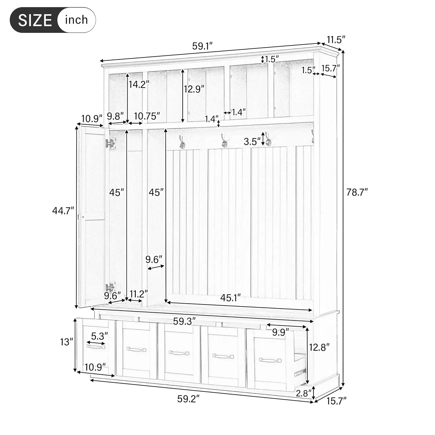 78.7'' Tall Entryway Organizer with 1 Door, 5 Overhead Display Cubbies & 5 Coat Hooks for Hallway Living Room Mudroom
