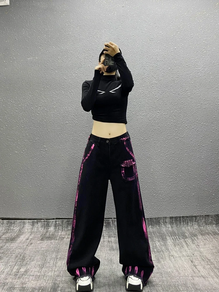 

Painted contrasting color washed black jeans women's high waist loose and thin straight wide-leg pants