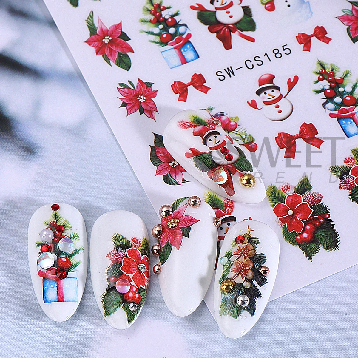 3 pçs feliz natal prego manicure decalques grande flor vermelha dos desenhos animados boneco de neve azevinho arco presente doces bastões design adesivos decoração de inverno