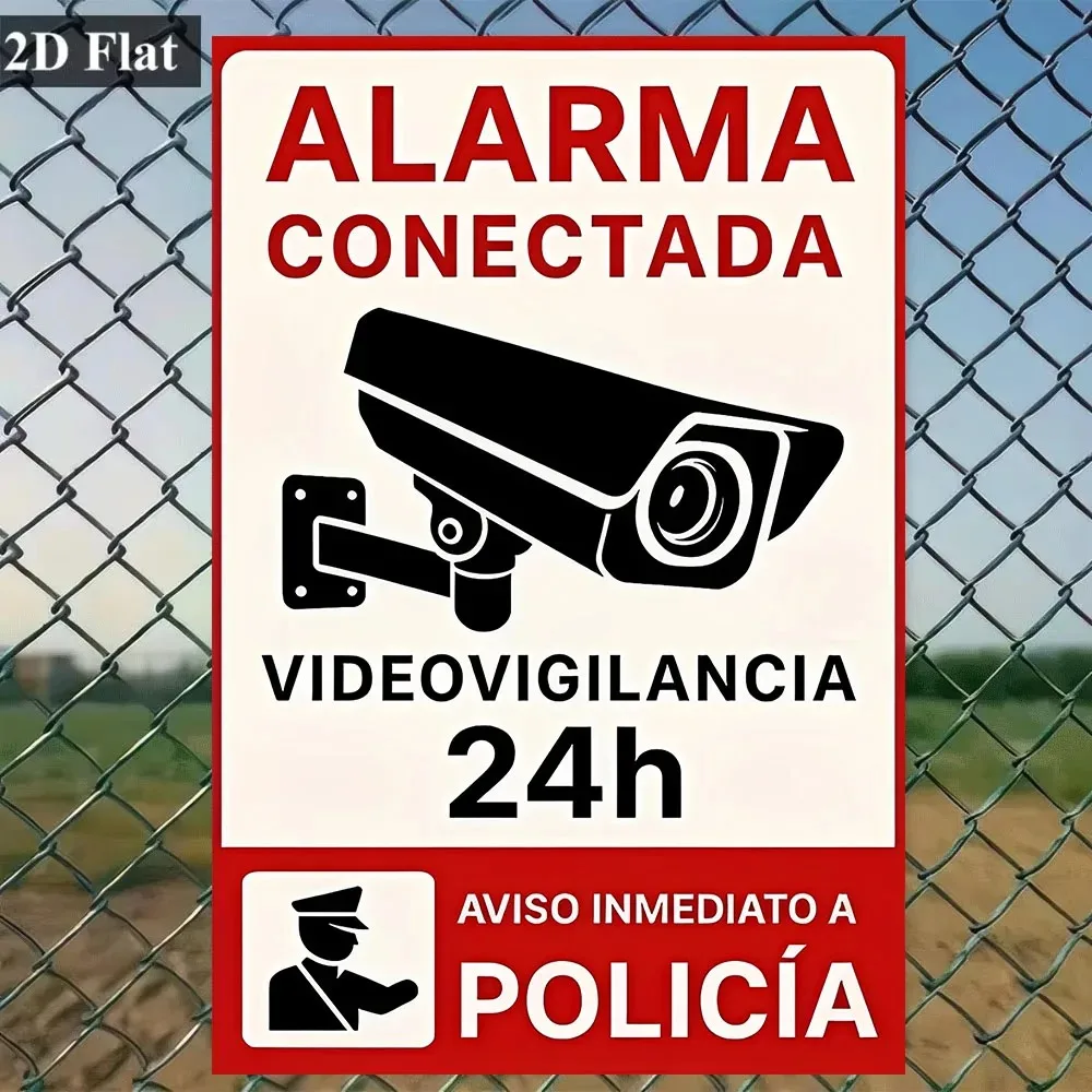 Spanish 2D Flat Security Alarm Sign Video Surveillance 24h Warning Metal Plaque Police Notice for Home Property Protection
