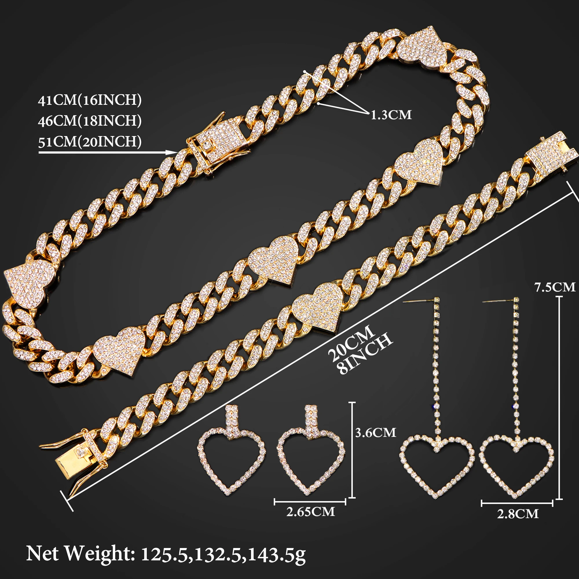 Fashion Women Heart Necklace Jewelry Set Bling iced Out Hip Hop Cuban Link Chain Bracelet Full Rhinestone Heart Earring Set Gift