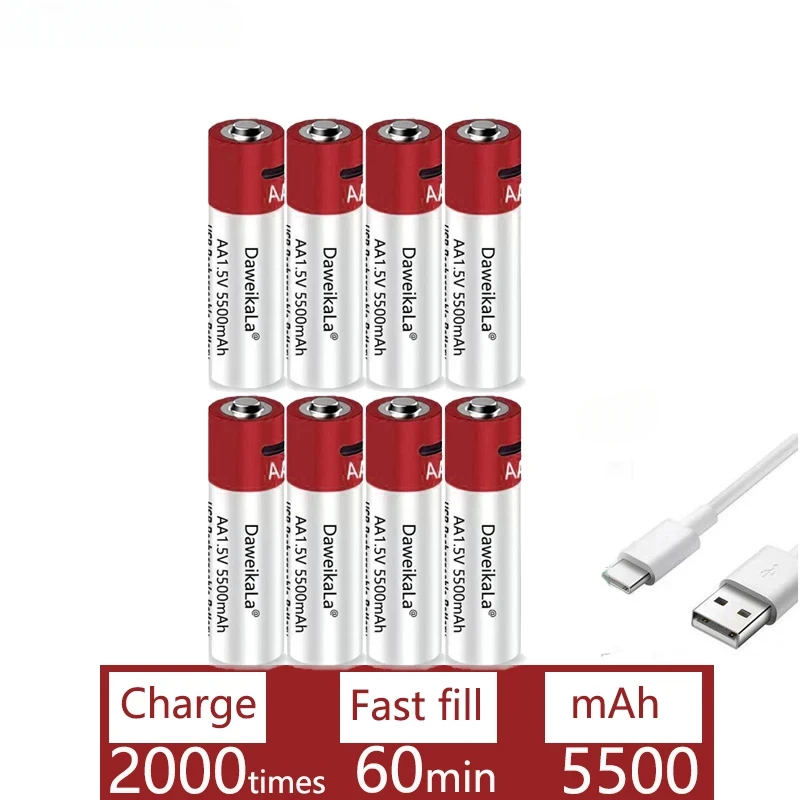 1.5 فولت AA بطارية قابلة للشحن 5500 مللي أمبير USB بطارية AA قابلة للشحن بطارية ليثيوم بوليمر شحن سريع بواسطة كابل USB من النوع C #5