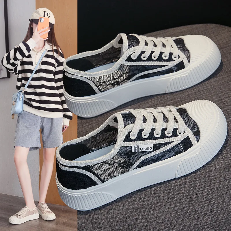 Women Shoes 2022 Fashion Summer Casual White Shoes Cutouts Lace Canvas Hollow Breathable Platform Flat Shoes Woman Sneakers