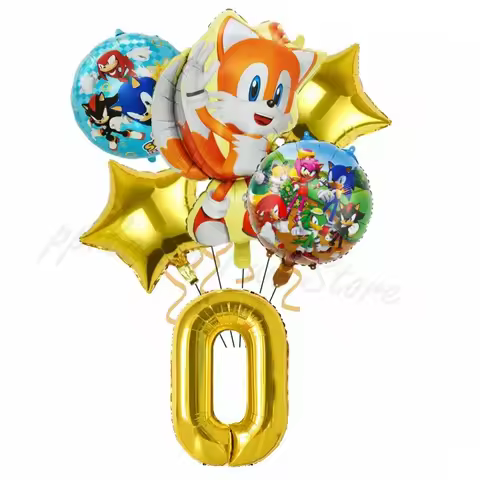 6PCS Anime Shadow Cartoon Yellow Balloon Game Theme Sonic Cute Birthday Party Decorations Children's Bath Set Gift