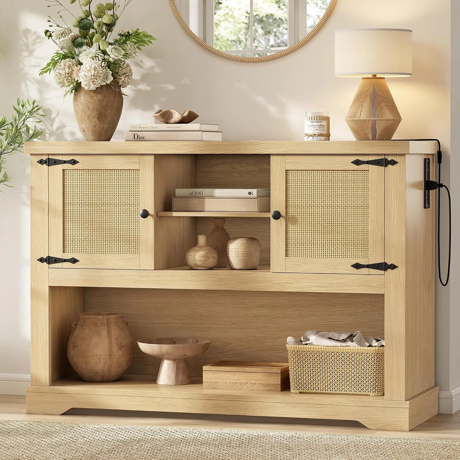 Rattan Console Table with Power Outlets & 2-Door Cabinet, Adjustable Shelves, Entry Living Room Hallway, 47.2