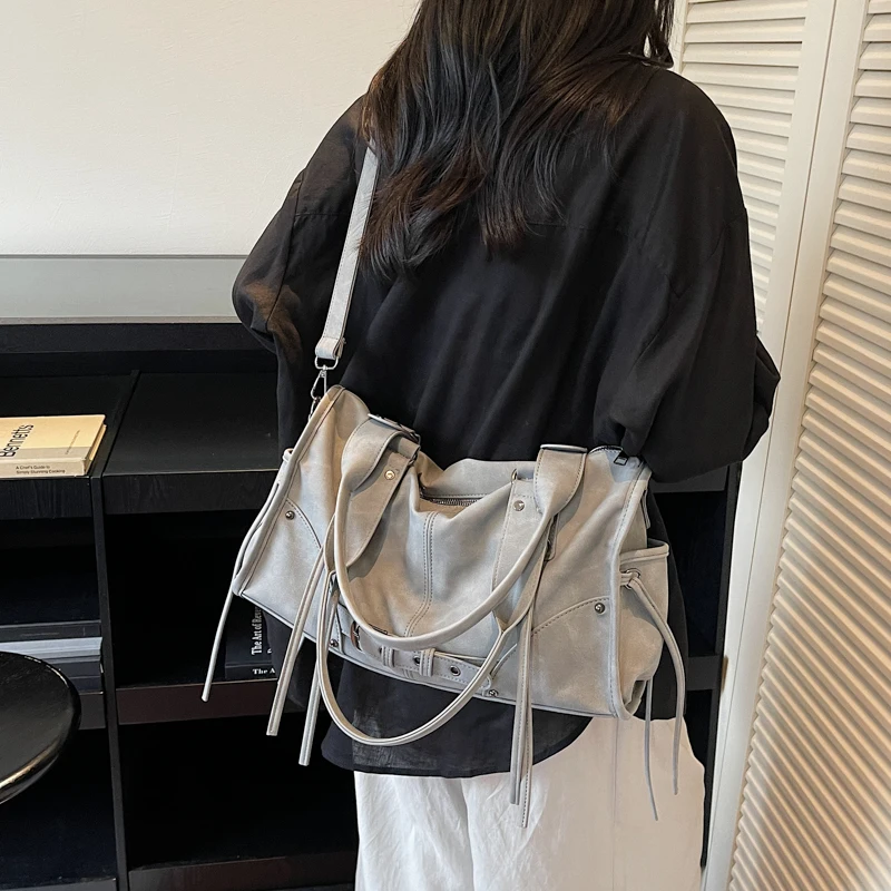 

Vintage Women Washed PU Leather Shoulder Bags Retro Multi Pockets Crossbody Bag Rivet Casual Large Commuter Totes Shopper Bag
