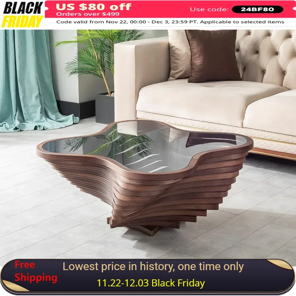 Natural Walnut Coffee Table with Glass Tables top, tempered glass and a sturdy wooden base, Rustic Living Room Coffee Table