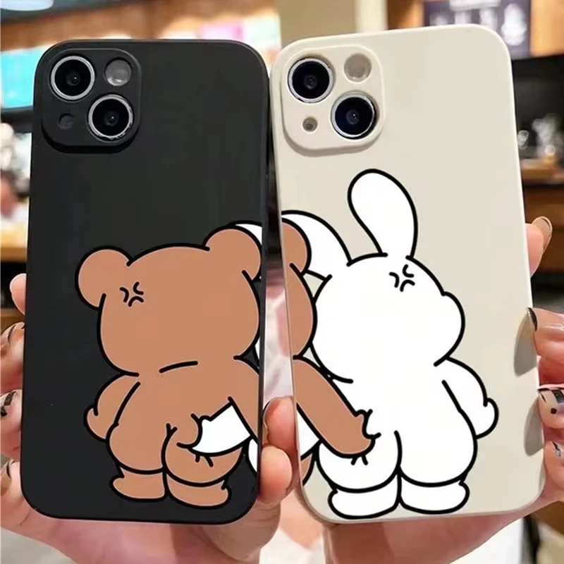 

Couple Cartoon Rabbit Bear Pattern Square Silicone Phone Case For iPhone 16 15 13 14 12 11 Pro Max Mini X XR XS 7 8 PlusSE Cover