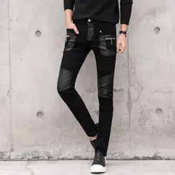 Men Black Faux Leather Pants 2024 Slim Fit Denim Stitching PU Riding Leather Pant High Quality Fashion Men Jeans Streetwear