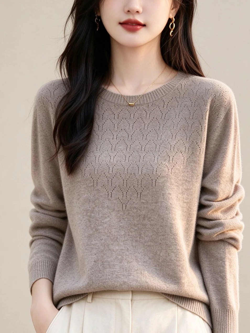 Seamless One-Piece Knitted Long Sleeve Women's Basic Style Warm Hook Flower Base Shirt New Arrival Sweater Simple Fashion