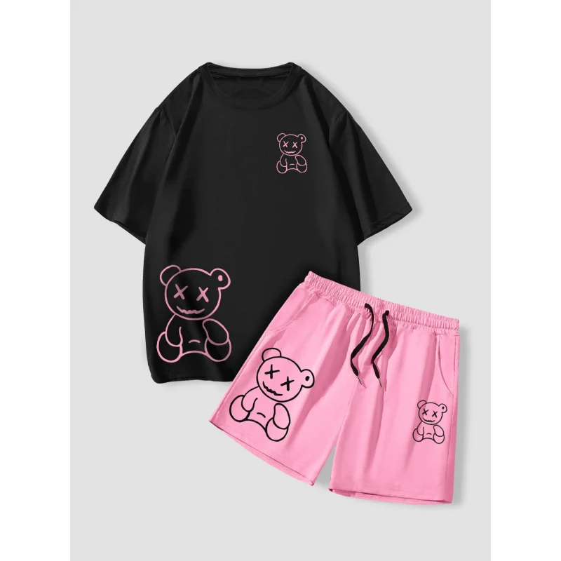 Men's Cartoon Bear Printed Short Sleeve Round Neck T-Shirt And Drawstring Waist Shorts Set, Summer