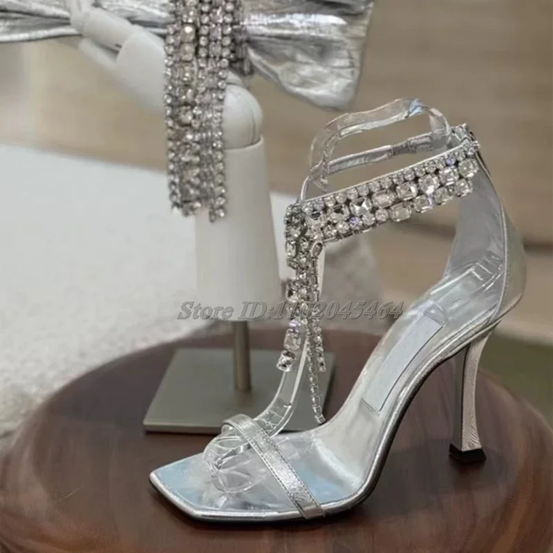 Women's Crystal Chain HIgh Heels Sandals Sliver/Black Leather Glitter Zipper Sexy 2025 Summer New in Pumps Luxury Designer Shoes