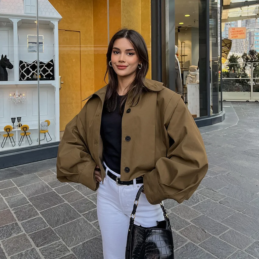 여성을위한 가을 빈티지 Pleated Cropped Jacket High Street Windbreaker 싱글 브레스트 긴 소매 짧은 코트 캐주얼 자켓