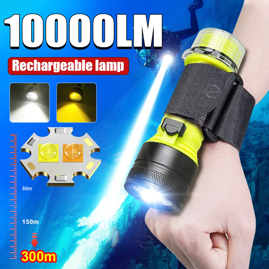 NEW Professional Diving Flashlight IPX8 Underwater Lantern USB Rechargeable Lamp 26650 Diving Torch Wrist Waterproof Lantern